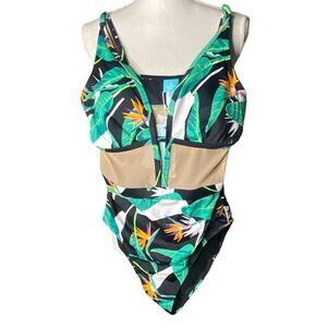 Coastal Blue Women's Sz Med Black Jungle Print Green Mesh One Piece Swimsuit